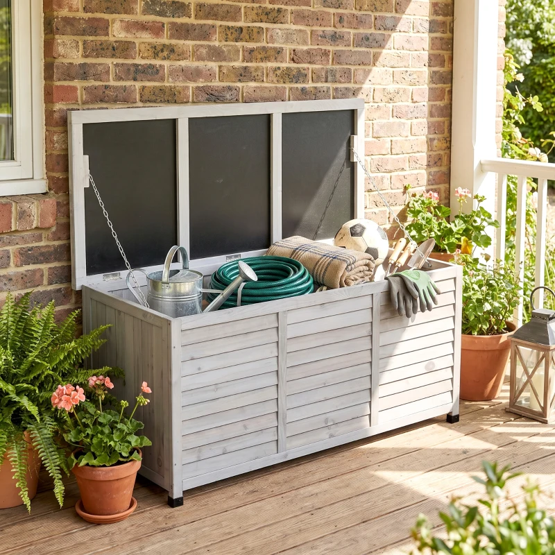 Outsunny 75 Gallon Wooden Deck Box, Outdoor Storage Container with Aerating Gap & Weather-Fighting Finish, Grey