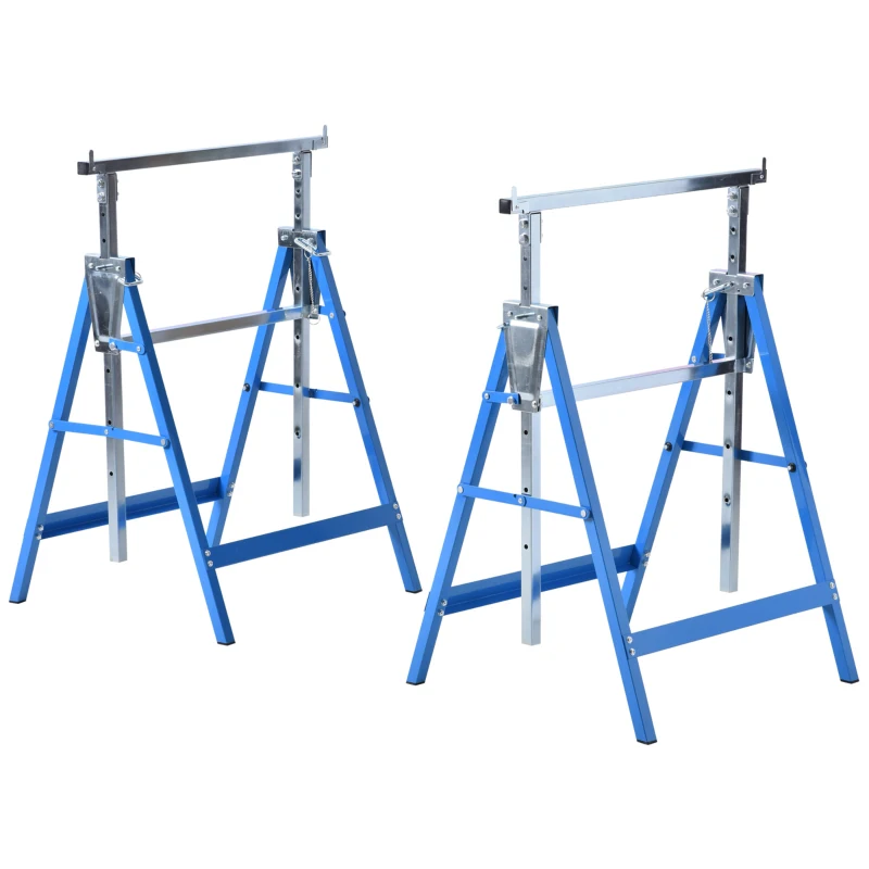 HOMCOM Set of 2 Adjustable Telescopic Builders Trestle, DIY Steel Work Bench Carpenter, Folding Saw Horse Tools Blue