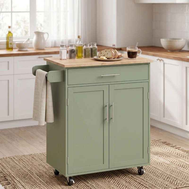 HOMCOM Kitchen Island Cart, Rolling Island Table with Solid Wood Top, Trolley Cart with Drawer, Storage Cabinet, Green