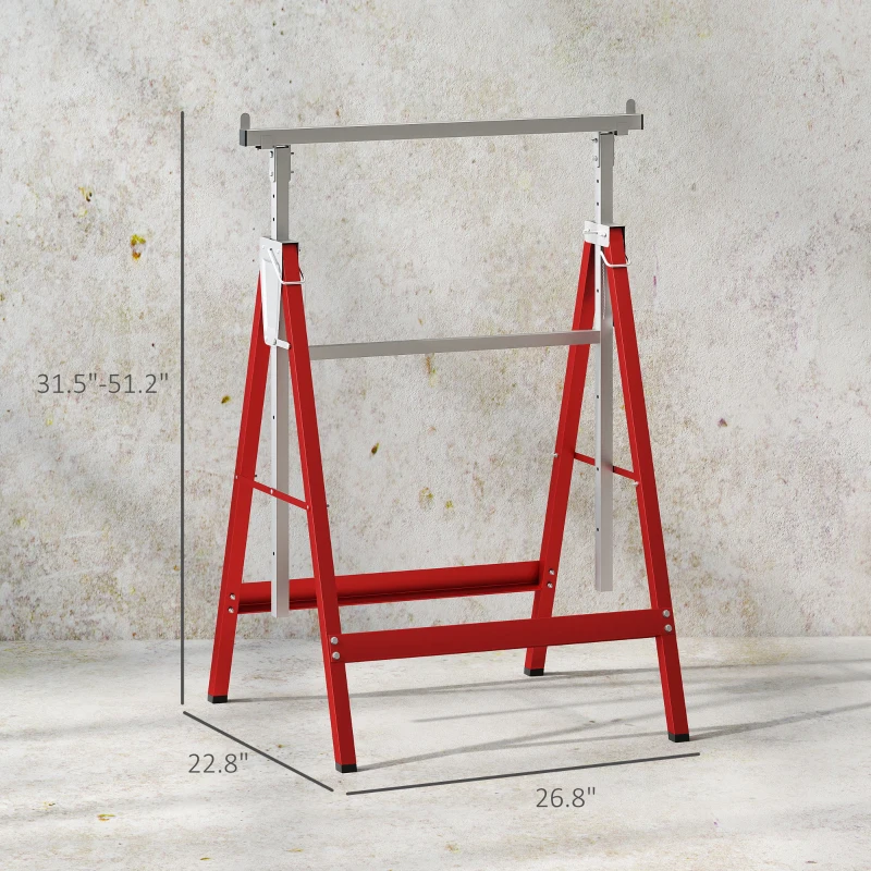HOMCOM Set of 2 Adjustable Telescopic Builders Trestle, DIY Steel Work Bench Carpenter, Folding Saw Horse Tools Red