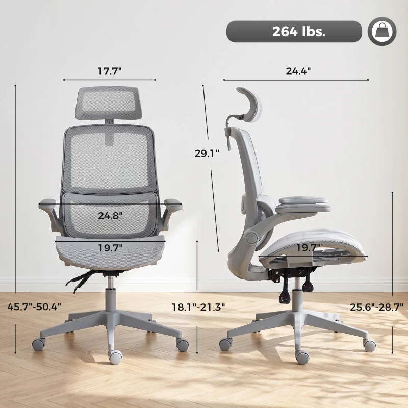 HOMCOM Ergonomic Office Chair with Adaptive Lumbar Support, Reclining Mesh Desk Chair with 2D Headrest, Flip-Up Arms, Gray