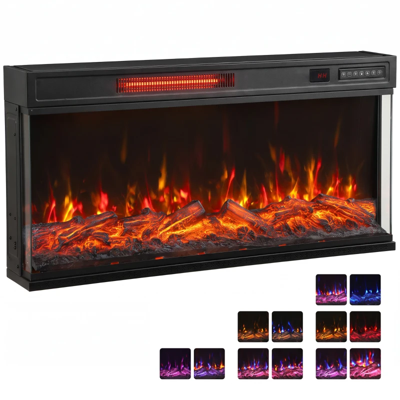 HOMCOM 36" Electric Fireplace Insert, Wall Recessed, Freestanding 1500W 3-Sided Linear Fireplace Heater with Adjustable Flame