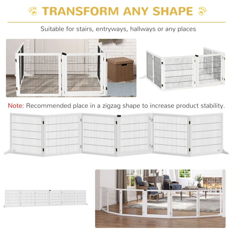 PawHut Wooden Pet Gate, 6-Panel Folding Dog Safety Barrier with Support Feet for Small & Medium Dogs, White