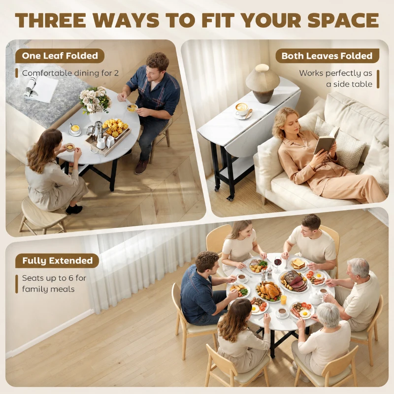 HOMCOM Folding Dining Table, Drop Leaf Table with Open Shelf, Rolling Kitchen Table for Dining Room, Small Spaces, White Marble