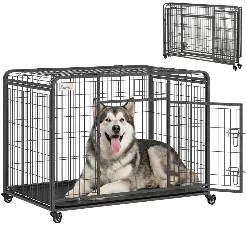 PawHut Folding Dog Crate Heavy Duty Cage for Extra Large Sized Dogs with Double Doors, Lockable Wheels Tray, 49" x 30" x 32"