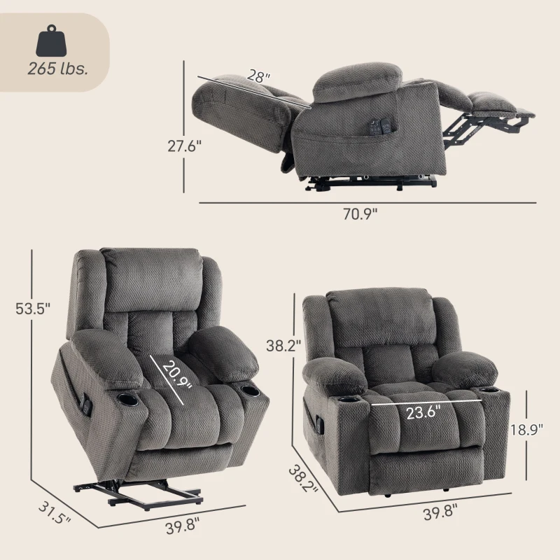 HOMCOM Dual Motor Power Lift Recliner Chair with Massage and Heat for Elderly, 180° Flat Recline, Wide Seat, Dark Gray