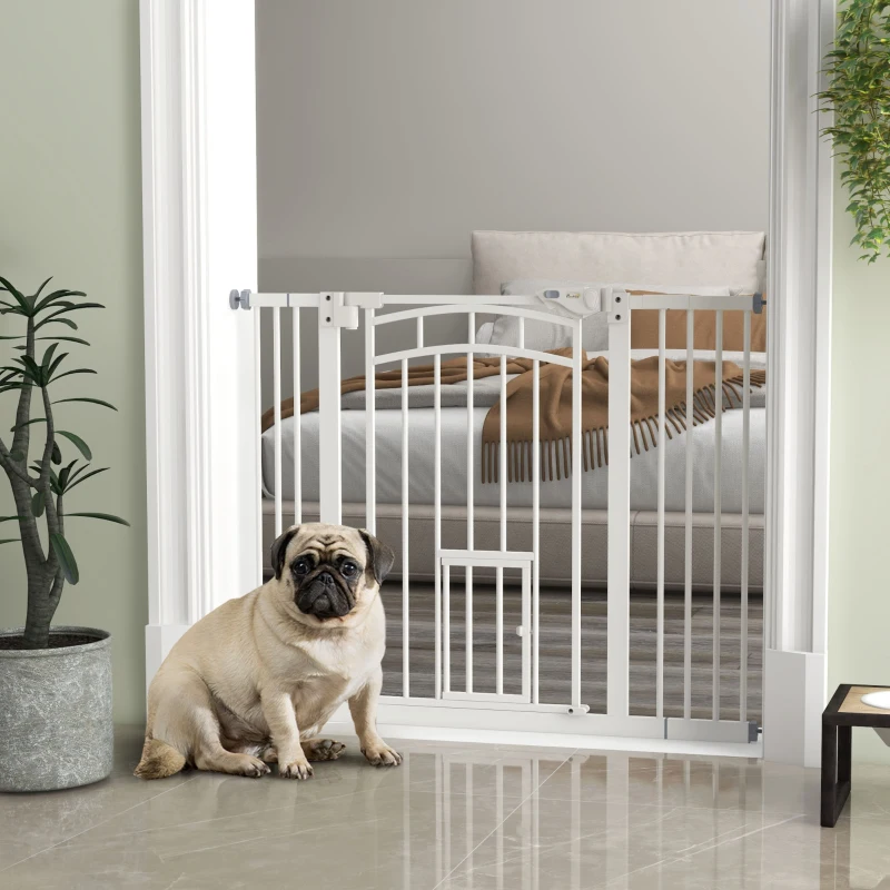 PawHut Auto-Close Pet Gate, Stair Gate with Cat Door, Double Locking for Doorways Hallways Stairs, Fits 29"-39.4" Wide, White