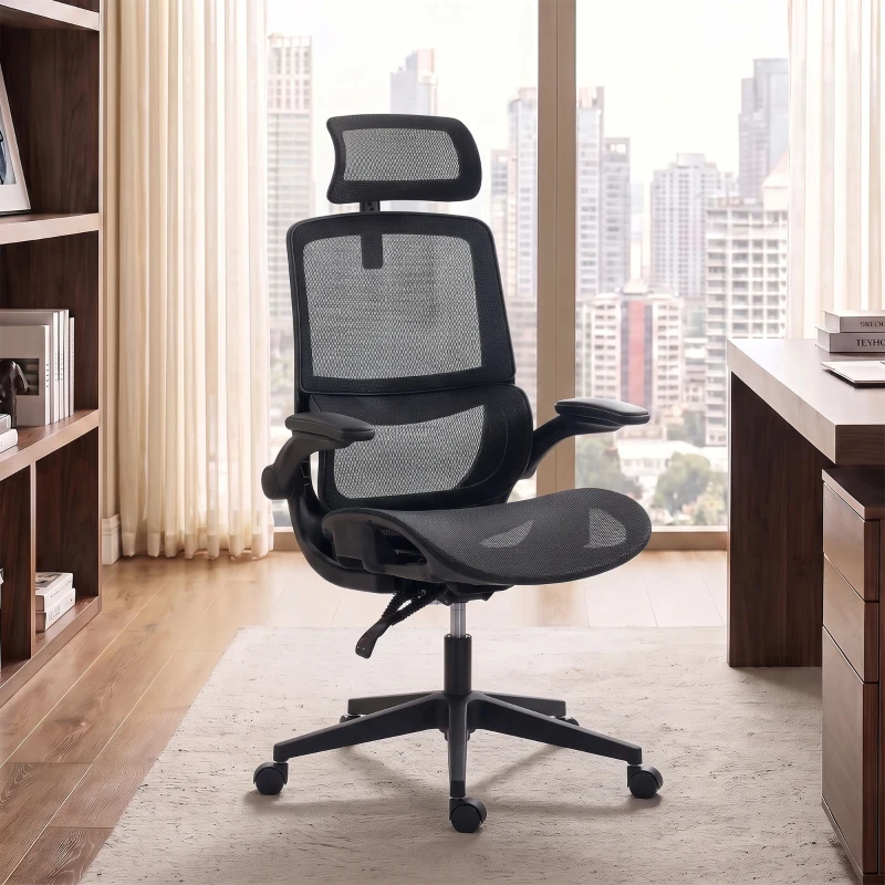 HOMCOM Ergonomic Office Chair with Adaptive Lumbar Support, Reclining Mesh Desk Chair with 2D Headrest, Flip-Up Arms, Black