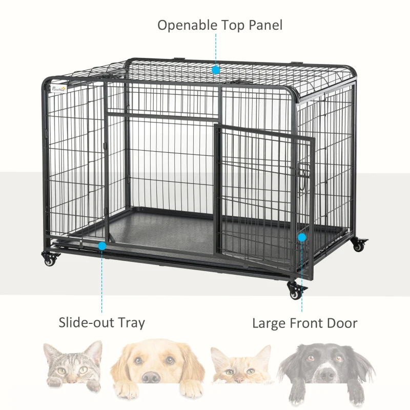 PawHut Folding Dog Crate Heavy Duty Cage for Extra Large Sized Dogs with Double Doors, Lockable Wheels Tray, 49" x 30" x 32"