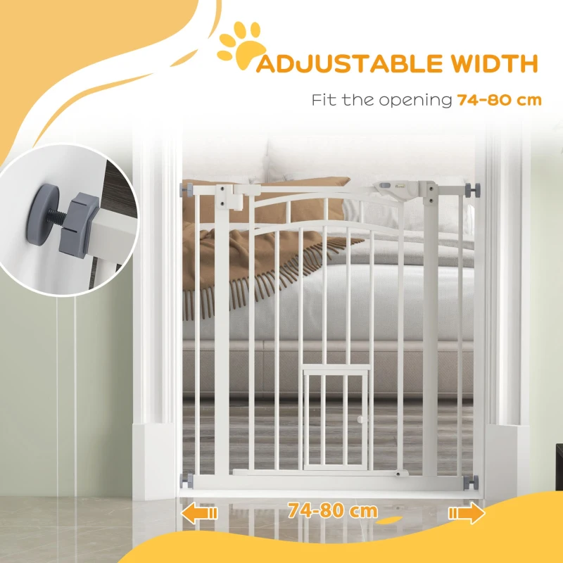 PawHut Auto-Close Pet Gate, Stair Gate with Cat Door, Double Locking for Doorways Hallways Stairs, Fits 29"-31.5" Wide, White