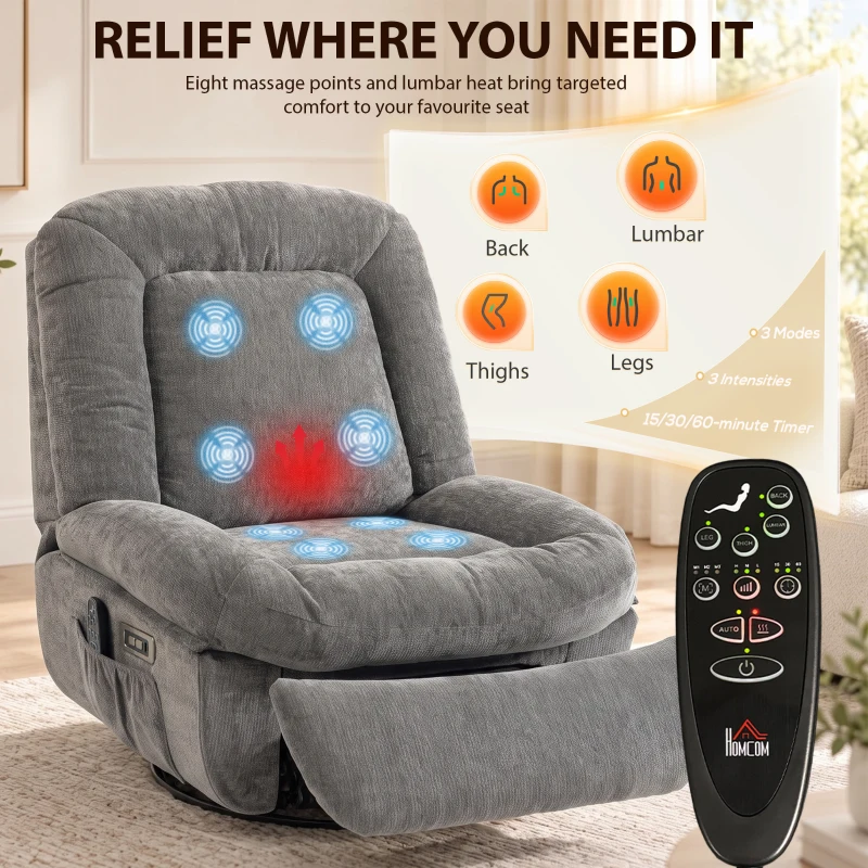 HOMCOM Oversized Power Recliner Chair with Massage and Heat, USB Port, Overstuffed Chenille Swivel Rocker Recliner, Gray