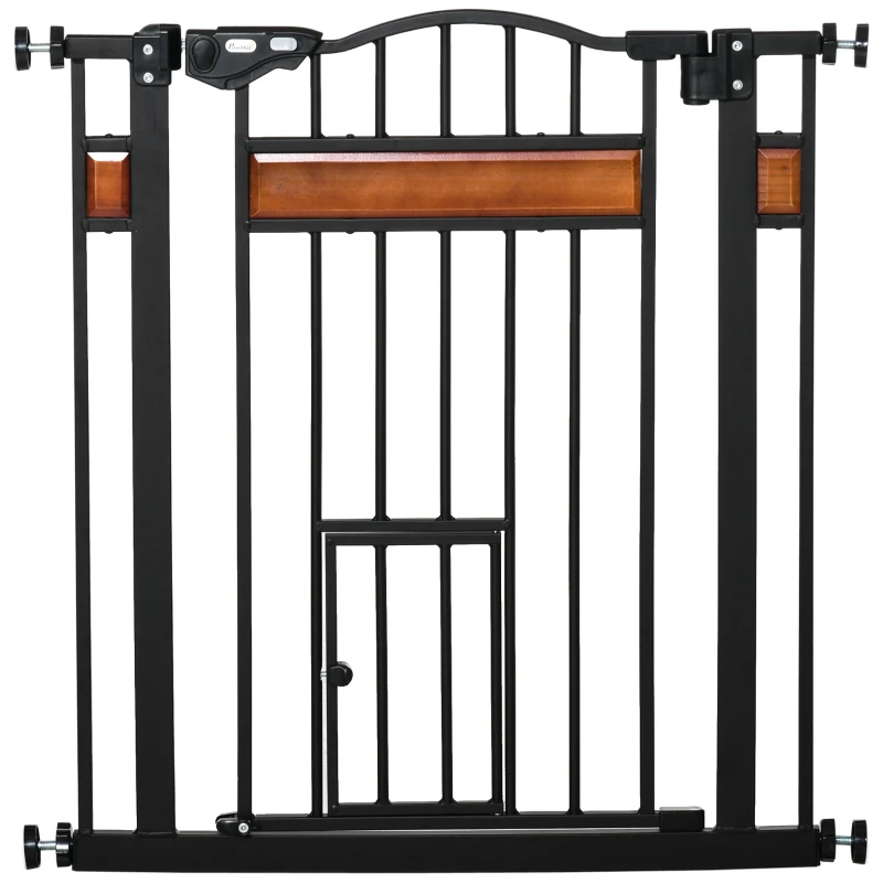 PawHut 29.1''-31.5'' Extra Wide Dog Gate with Cat Door, 30"H Stair Gate with Extension, Wall Cups, Pressure Fit, Auto Close, Double Locking, for Doorways, Hallways, Stairs, Black