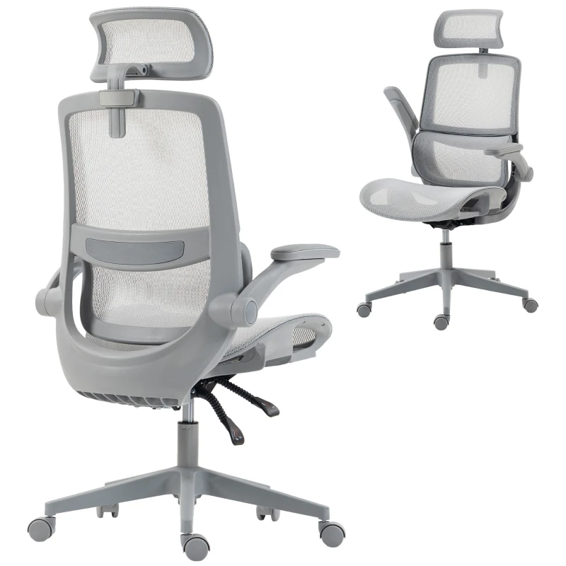 HOMCOM Ergonomic Office Chair with Adaptive Lumbar Support, Reclining Mesh Desk Chair with 2D Headrest, Flip-Up Arms, Gray
