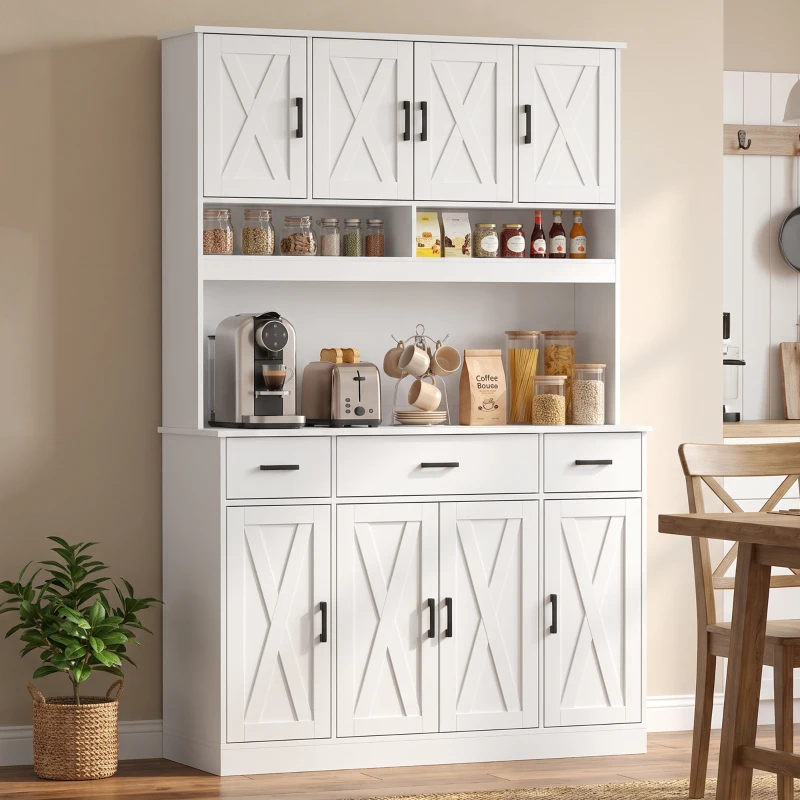 HOMCOM 73" Pantry Cabinet with Charging Station, Tall Kitchen Hutch with Microwave Stand, Kitchen Pantry Storage Cabinet, White