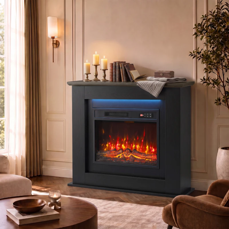 HOMCOM 40" Electric Fireplace with Mantel, LED Strip, Fireplace TV Stand for 55" TVs, Adjustable Flame, Black