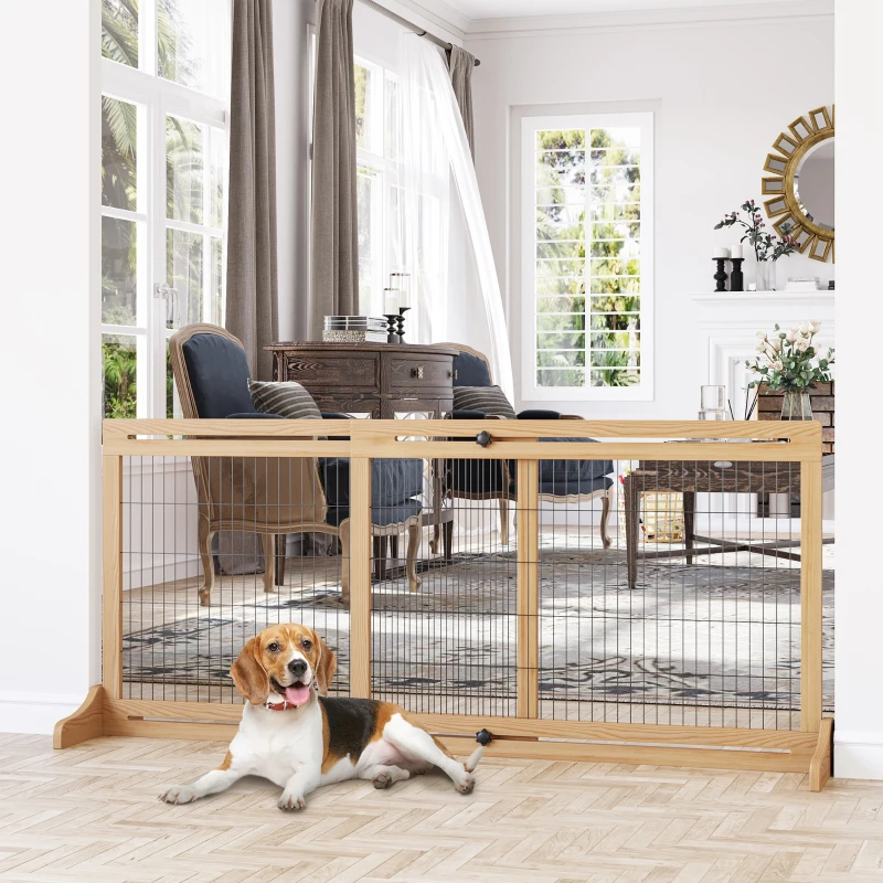 PawHut 71" W x 27" H Extra Wide Freestanding Pet Gate with Adjustable Length Dog, Cat, Barrier for House, Doorway, Hallway, Natural