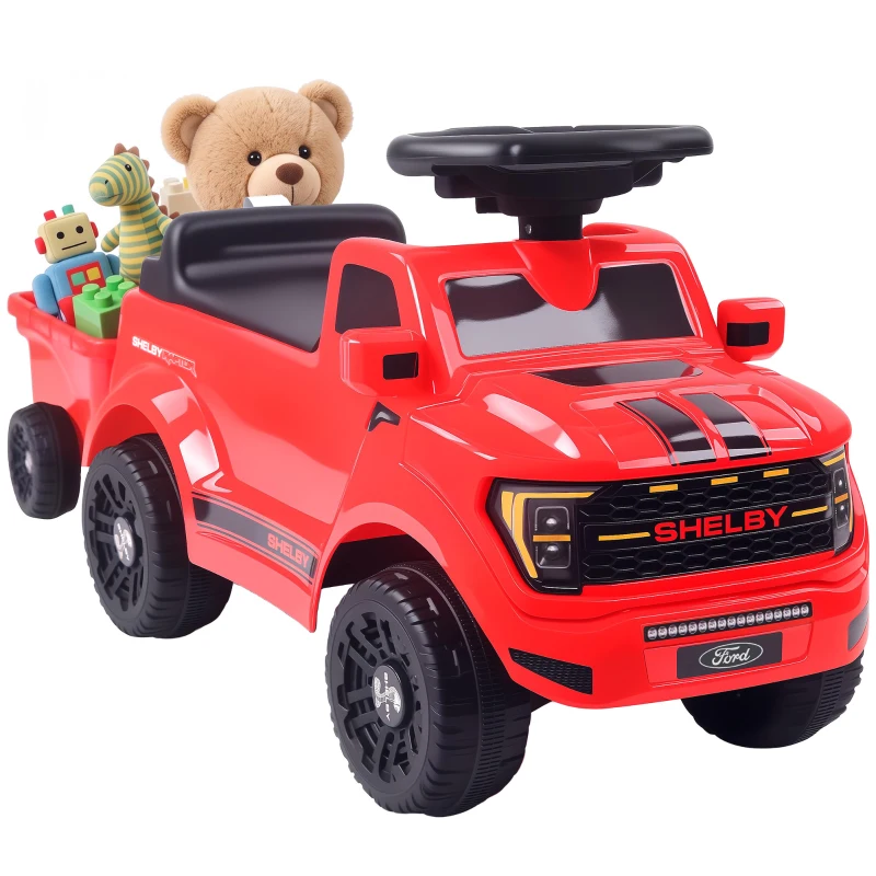 Qaba Ride on Push Car, Licensed Shelby Foot to Floor Sliding Toddler Toy with Trailer, Lift-Up Hood for 18-72 M, Red