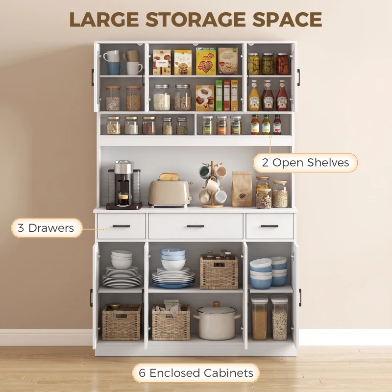 HOMCOM 73" Pantry Cabinet with Charging Station, Tall Kitchen Hutch with Microwave Stand, Kitchen Pantry Storage Cabinet, White