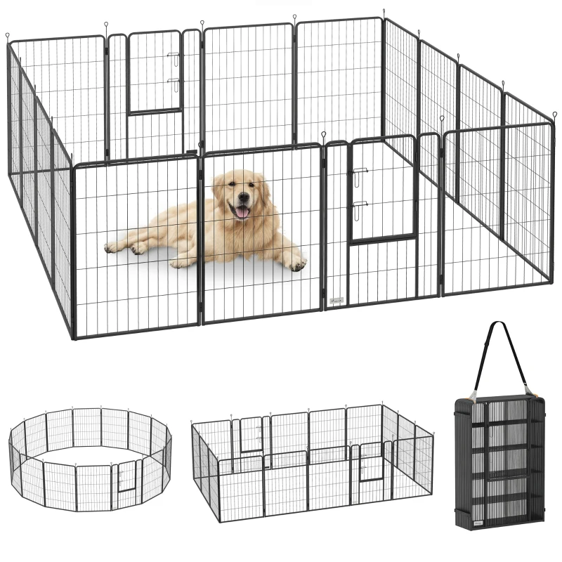 PawHut 16 Panels Dog Playpen with Straps, Portable & DIY, for Large Dogs, for Yard, RV, Camping, Garden, 39" Height