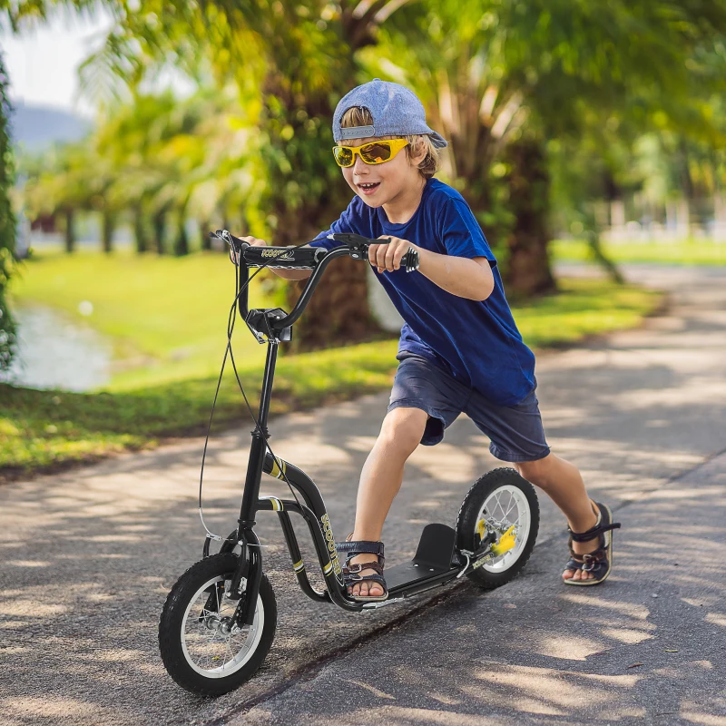 Aosom Youth Scooter Front and Rear Caliper Dual Brakes 12-Inch Inflatable Front Wheel Ride On Toy For Age 5+ - Black