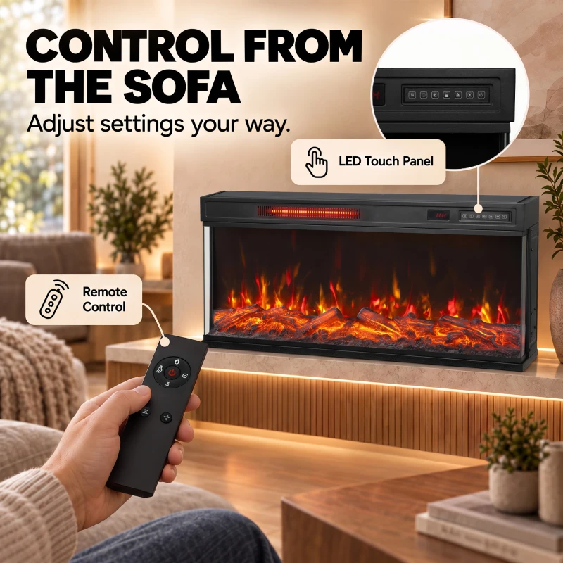 HOMCOM 36" Electric Fireplace Insert, Wall Recessed, Freestanding 1500W 3-Sided Linear Fireplace Heater with Adjustable Flame