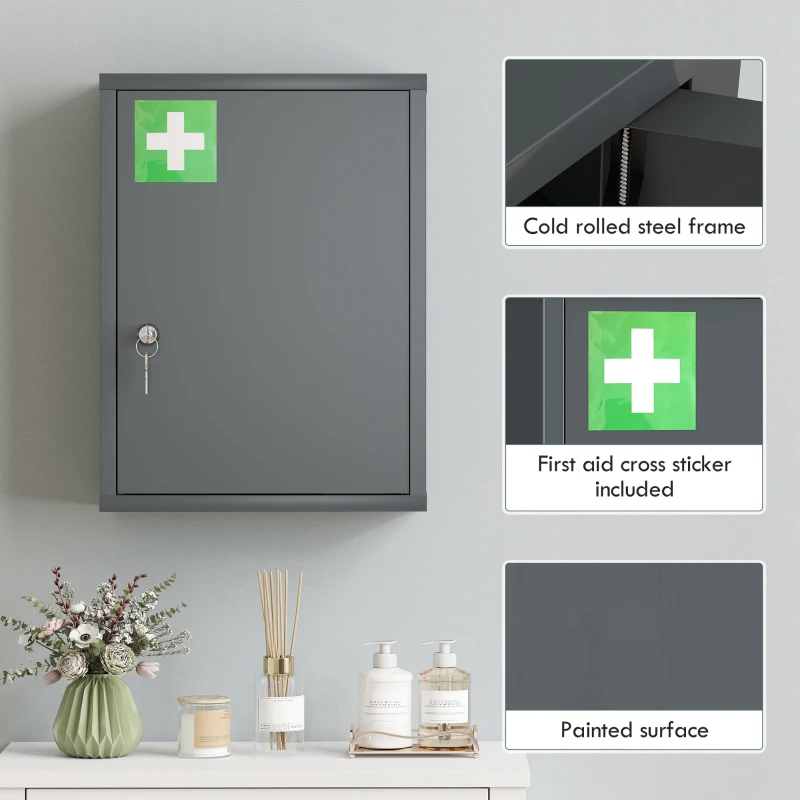 kleankin 16" x 21" Lockable Medicine Cabinet, 3 Tier Steel Medical Wall Box with 2 Keys and Shelves for Bathroom, Gray