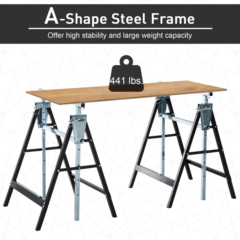 HOMCOM Set of 2 Adjustable Telescopic Builders Trestle, DIY Steel Work Bench Carpenter, Folding Saw Horse Tools Black