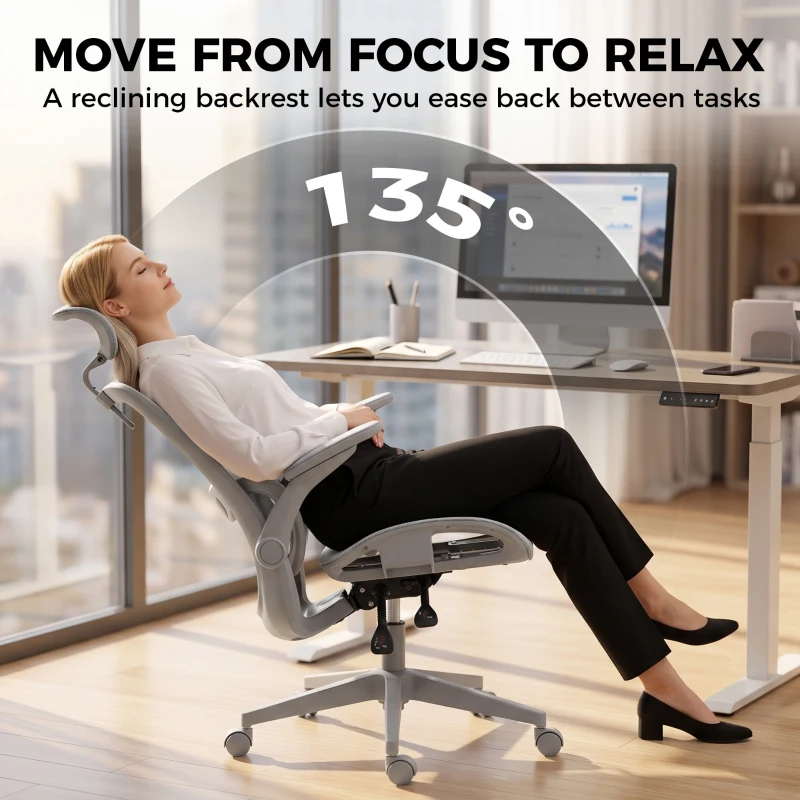 HOMCOM Ergonomic Office Chair with Adaptive Lumbar Support, Reclining Mesh Desk Chair with 2D Headrest, Flip-Up Arms, Gray