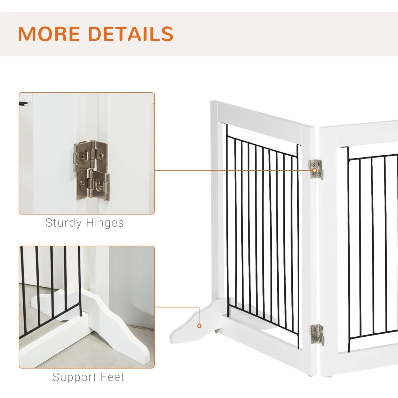 PawHut Freestanding Pet Gate, Folding Dog Gate with 2 Support Feet, 24" High, 3 Panels, for Small Dogs, Indoor Use - White