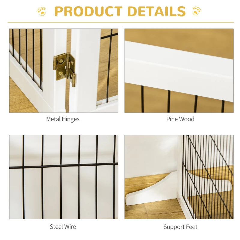 PawHut Wooden Pet Gate, 6-Panel Folding Dog Safety Barrier with Support Feet for Small & Medium Dogs, White