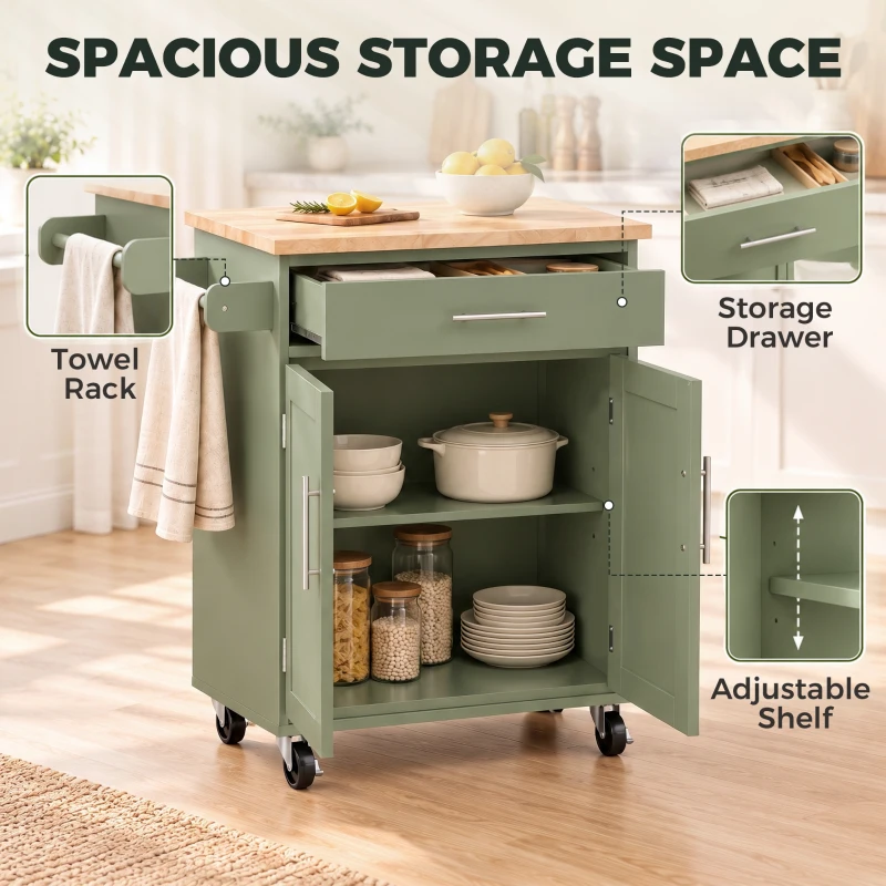 HOMCOM Kitchen Island Cart, Rolling Island Table with Solid Wood Top, Trolley Cart with Drawer, Storage Cabinet, Green