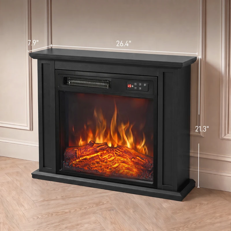 HOMCOM 26" Electric Fireplace with Mantel, 1400W Freestanding Fireplace TV Stand with Adjustable Flame, Timer, Remote, Black