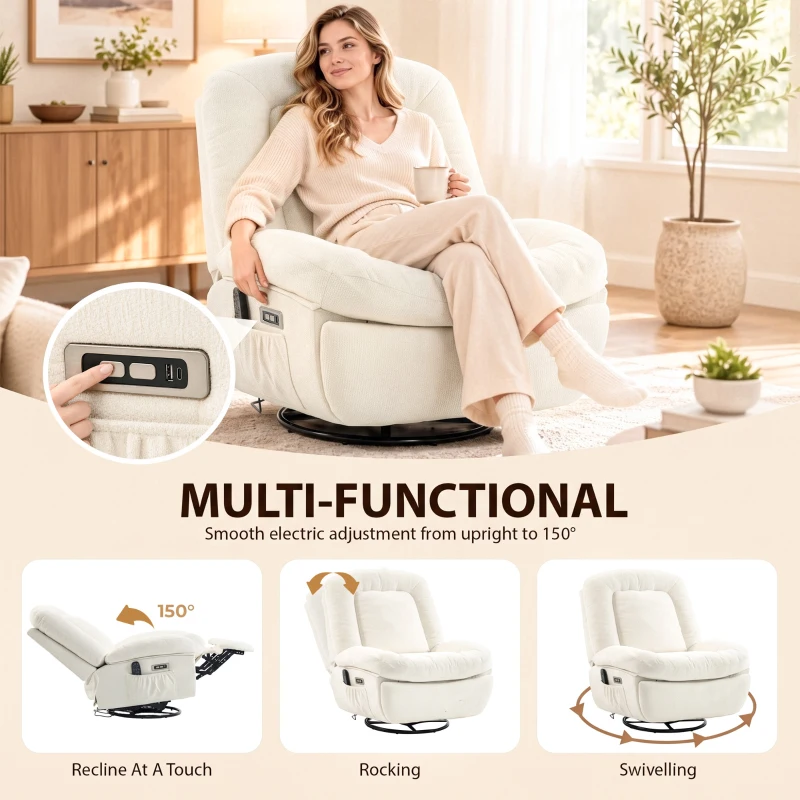 HOMCOM Oversized Power Recliner Chair with Massage and Heat, USB Port, Overstuffed Chenille Swivel Rocker Recliner, Cream White