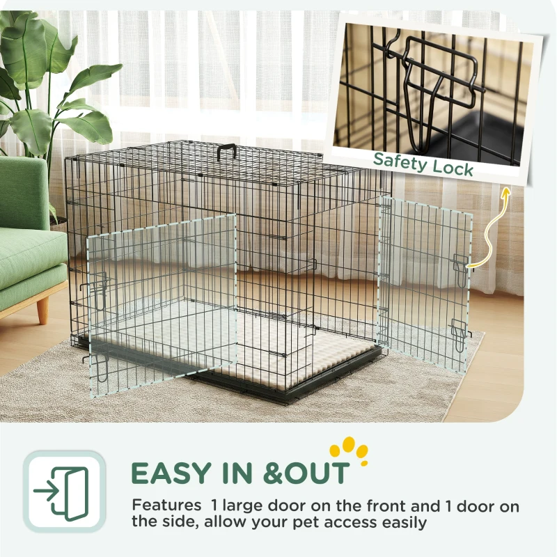 PawHut 42" Dog Crate with 2 Doors, Folding Metal Dog Cage with Soft Cushion, Removable Tray, Handle, for Small Dogs, Black