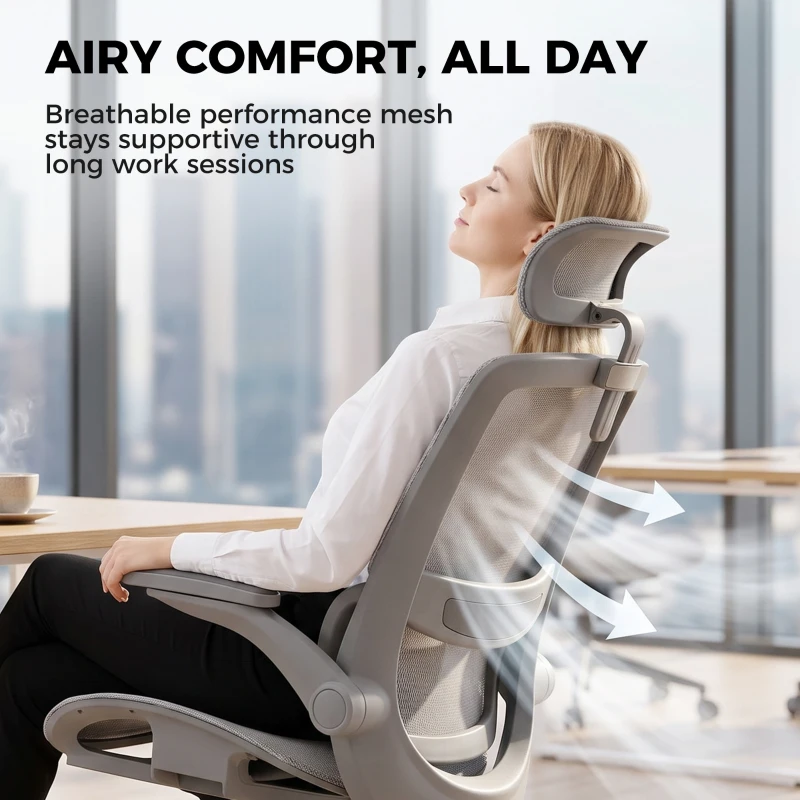 HOMCOM Ergonomic Office Chair with Adaptive Lumbar Support, Reclining Mesh Desk Chair with 2D Headrest, Flip-Up Arms, Gray