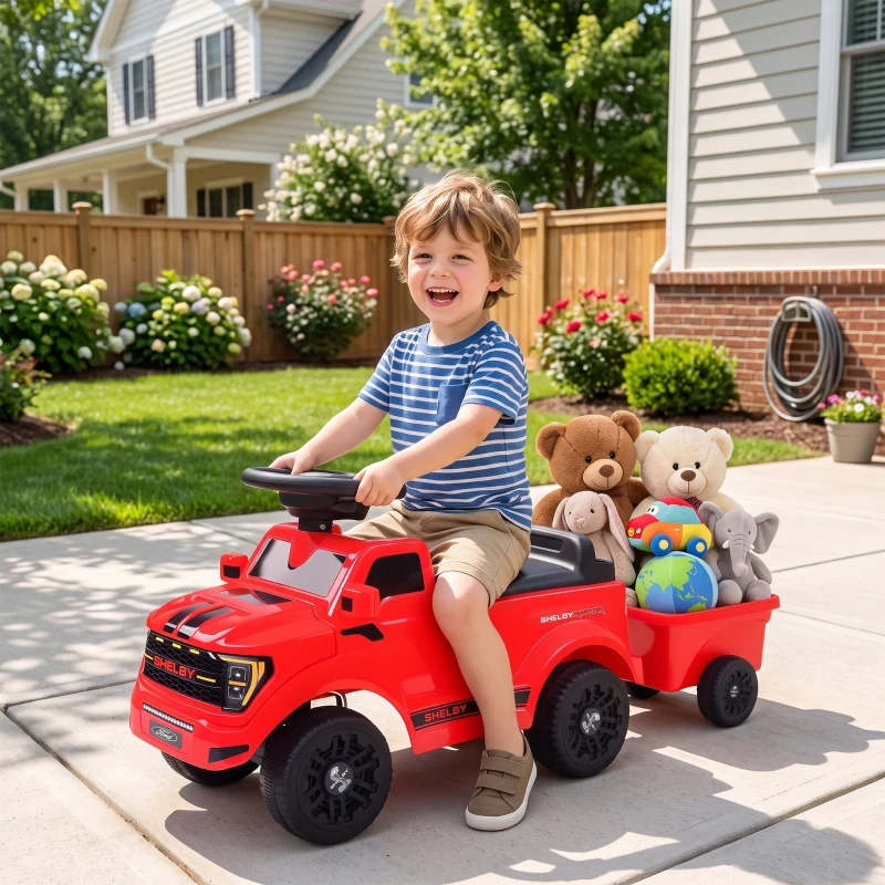 Qaba Ride on Push Car, Licensed Shelby Foot to Floor Sliding Toddler Toy with Trailer, Lift-Up Hood for 18-72 M, Red