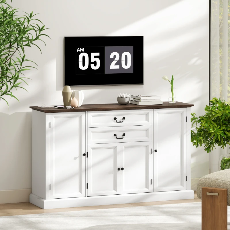 HOMCOM Farmhouse Sideboard with Charging Station and Thickened Top, 58" Buffet Cabinet with 2 Soft-Close Drawers, White