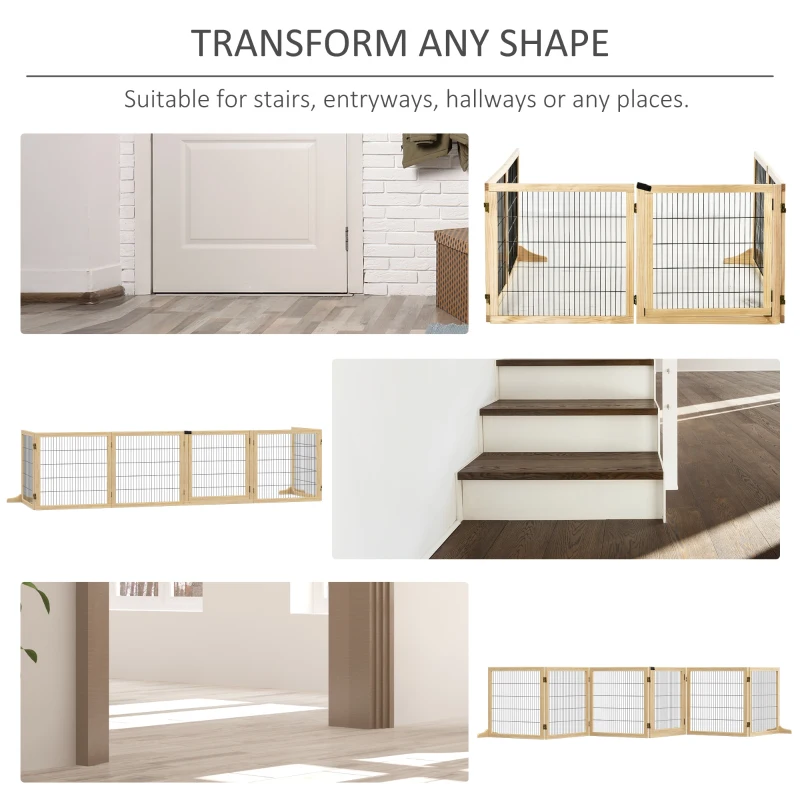 PawHut Wooden Pet Gate, 6-Panel with Folding Design and Freestanding Support Feet, Natural