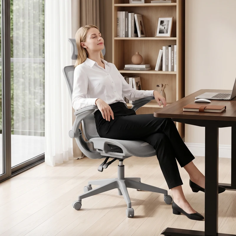 HOMCOM Ergonomic Office Chair with Adaptive Lumbar Support, Reclining Mesh Desk Chair with 2D Headrest, Flip-Up Arms, Gray