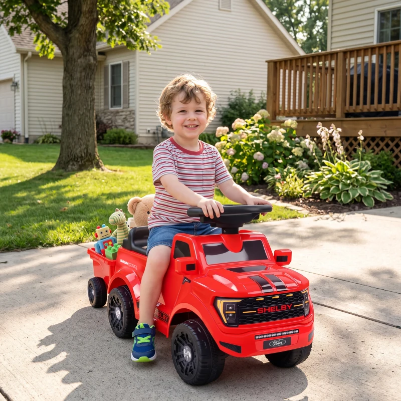 Qaba Ride on Push Car, Licensed Shelby Foot to Floor Sliding Toddler Toy with Trailer, Lift-Up Hood for 18-72 M, Red