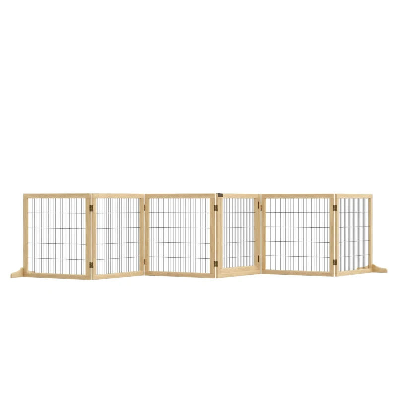 PawHut Wooden Pet Gate, 6-Panel with Folding Design and Freestanding Support Feet, Natural