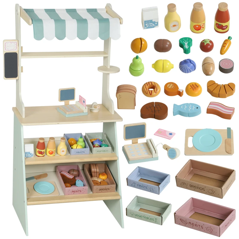 Qaba Kids Grocery Store Playset, Supermarket Toy Set with Cash Register, Chalkboard and Toy Food for Toddler Boys Girls 3+