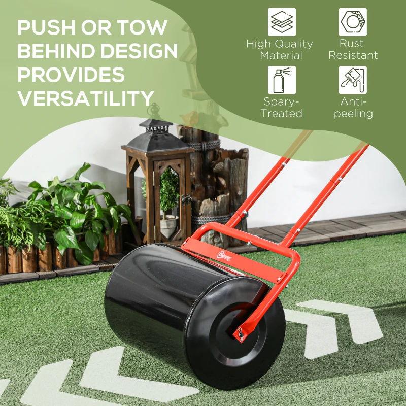 Outsunny 20-Inch Push/Tow Behind Lawn Roller Filled with 10 Gal Water or Sand for Flattening Sod in the Garden, Red
