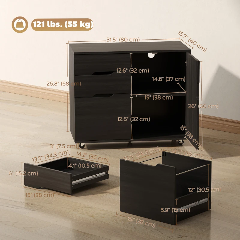 HOMCOM Filing Cabinet with File Drawer File Cabinet with Adjustable Shelf and 3 Drawers Black