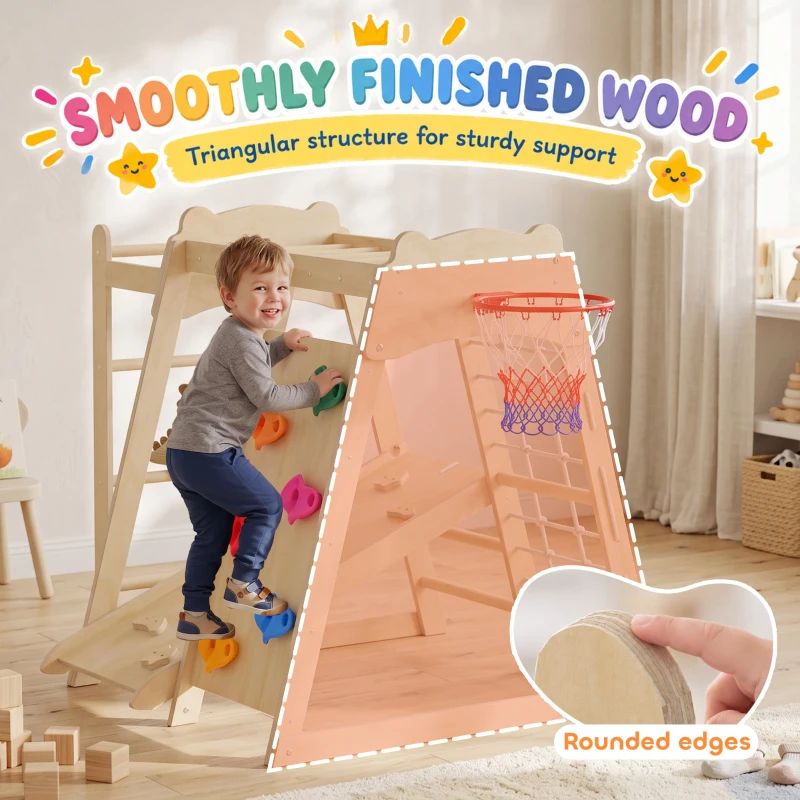 Qaba 7-in-1 Kids Montessori Jungle Gym with Reversible Slide, Basketball Hoop, Monkey Bars, Rock Wall, Climbing Net & Ladder