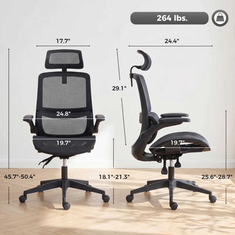 HOMCOM Ergonomic Office Chair with Adaptive Lumbar Support, Reclining Mesh Desk Chair with 2D Headrest, Flip-Up Arms, Black