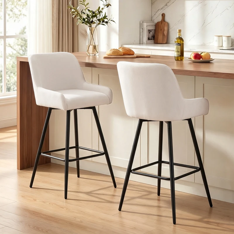HOMCOM Kitchen Island Chairs Counter Height Bar Stools with Swivel Linen Seat and Footrest, Cream White