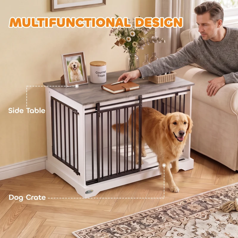 PawHut 100 cm Dog Crate Furniture with Sliding Barn Door for Large Breeds, White