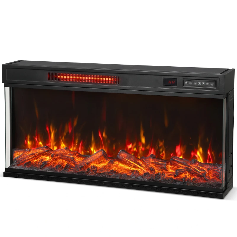 HOMCOM 36" Electric Fireplace Insert, Wall Recessed, Freestanding 1500W 3-Sided Linear Fireplace Heater with Adjustable Flame