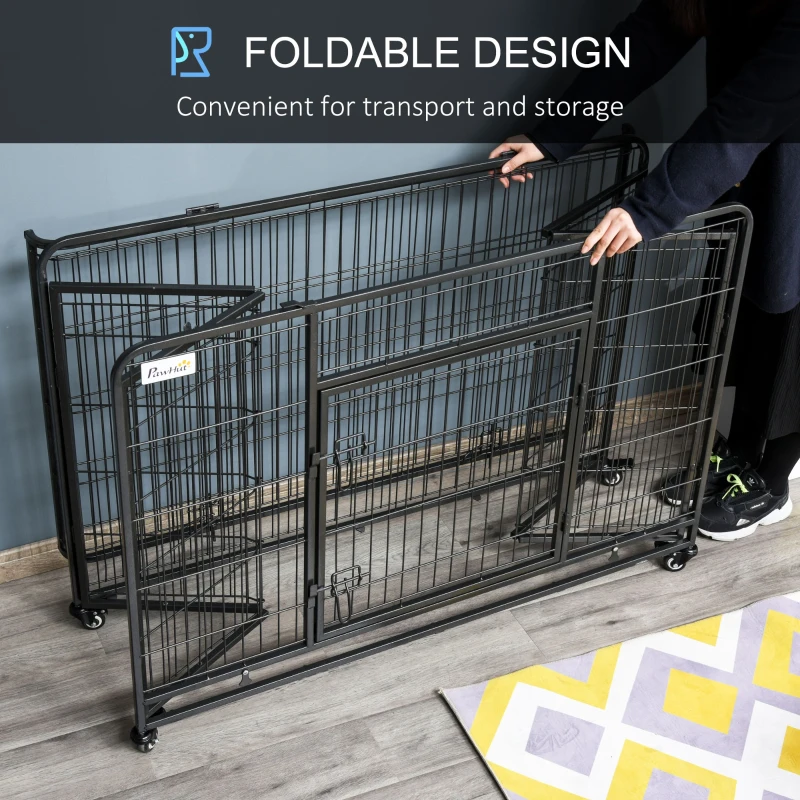 PawHut Folding Dog Crate Heavy Duty Cage for Extra Large Sized Dogs with Double Doors, Lockable Wheels Tray, 49" x 30" x 32"